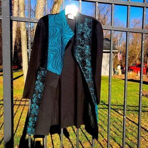 Caravel black and teal knit blazer with faux leather collar